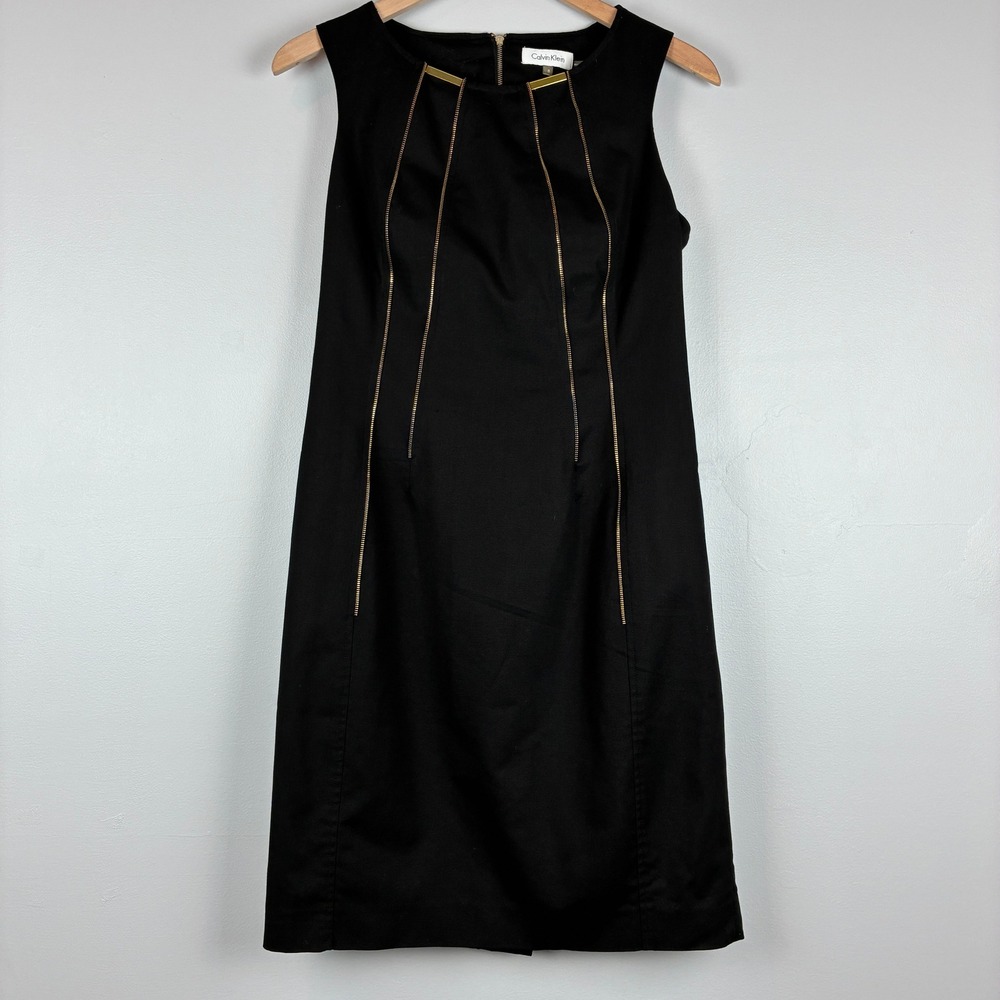 Calvin Klein Black Sleeveless Sheath Dress‎ 8 Gold Zipper Detail Power Dress